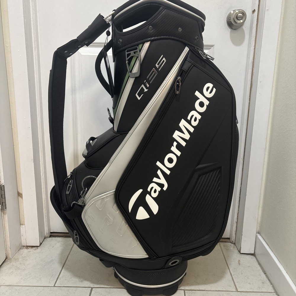 TaylorMade Qi35 2025 Tour Staff Bag Black 6-Way Divide Single Strap Golf Bag